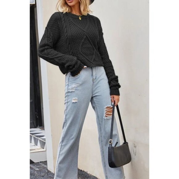 FREE PEOPLE Cutting Edge Cotton Cable Sweater in Black Size X-Large - Picture 4 of 14